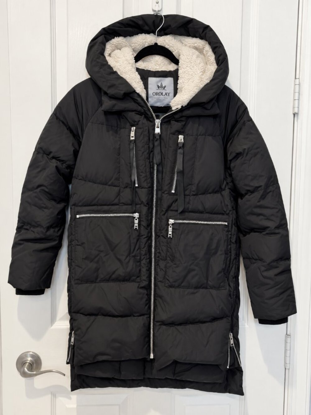 OROLAY Black Long Down Puffer Coat Women’s 2XS Sherpa Hood Winter Parka